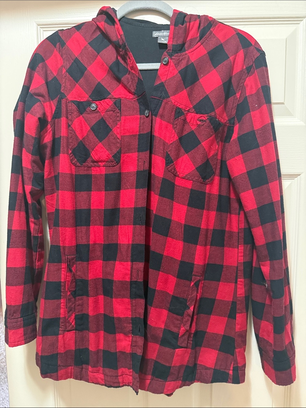 Eddie Bauer Red and Black Buffalo Plaid Hooded Shirt Jacket
